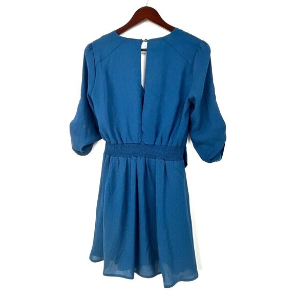 Maude Womens Size L Blue Mini Dress Faux Wrap Roll Tab Sleeves Lined Flowy U3 - Picture 3 of 12